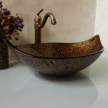 Дрешник под формата на листа, мивка, изработени от закалено стъкло, баня, кафява маса, мивка HX016