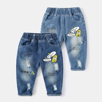 Дънкови панталони за момчета и момичета, детски пролет-есен облекло, Обикновен бебешки Ежедневни панталони с принтом За Малки Памучни Панталони, Дънки за деца от 2 до 6 години