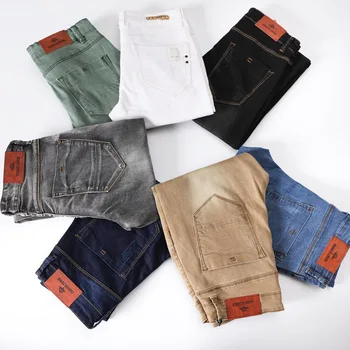 Дънкови панталони приталенного намаляване, даващ на младостта Модни цветни удобни дънкови панталони-участък за мъже, прилепнали дънки-участък