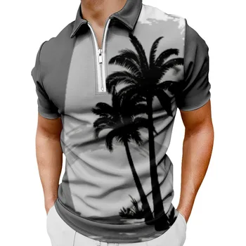 Ежедневна Риза с къси ръкави с Ревера и яката-часова, Хавайски Плаж Тениски с Принтом на Кокосовата Палма, Мъжки Връхни Облекла с Цип с къс ръкав В Уличном Стил