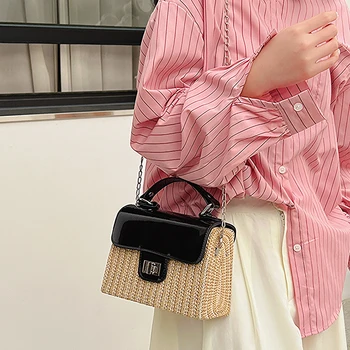 Ежедневни дамски сламени чанти с веригата високо качество, женски малки чанти-незабавни посланици по рамото за жени, модни дамски чанта-кутия през рамо