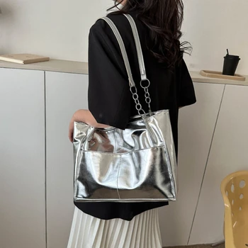 Ежедневни чанти за жени, новост 2023, чанти през рамо с голям капацитет, текстурные ярки чанти-тоут от изкуствена кожа, елегантни чанти на веригата