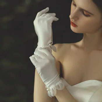Елегантни бели сватбени ръкавици реколтата, мрежести ръкавици с перли, Нови сватбени аксесоари за шаферките