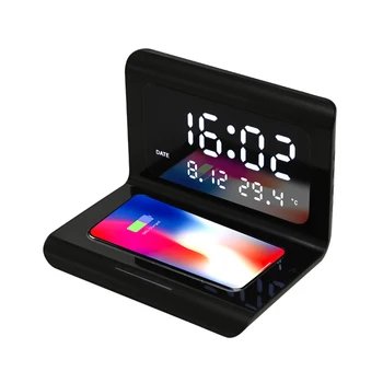 Електрически будилник с телефон, поставка за безжично зарядно устройство, настолно цифров часовник-термометър с температурен календар, показване на времето