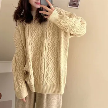 Есенно-зимни връхни дрехи 2023, нов пуловер, женски корейски стил, голям размер, един женски пуловер със средна дължина, с кръгло деколте, пуловер