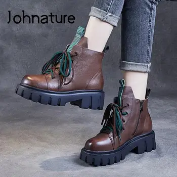 Есенно-зимни обувки Johnature, дамски обувки от естествена кожа, дантела с кръгло бомбе, лаконичен, новост 2022 година, ръчно бродирани обувки на платформа