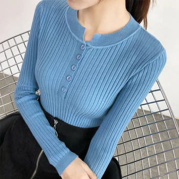 Есенно-зимни пуловери, пуловер, нова трикотажная долната риза с кръгло деколте, оборудвана всекидневни женски топ копчета с дълъг ръкав