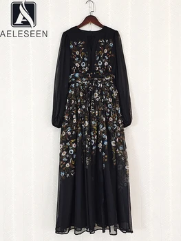 Жена винтажное дълга рокля Aeleseen с V-образно деколте, фенерче, дълъг ръкав, цветен принтом, елегантна празнична рокля в черен цвят