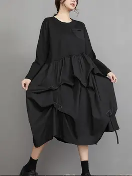 Жена есенно-зимния ново ретро-черна рокля с дълъг ръкав, асиметричен пуловер, усещане нишевого дизайн, рокля с кръгло деколте