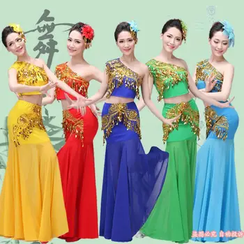 Жена китайското традиционната рокля за момичета, национален фолклорен танцов костюм Дай, дълъг танцов костюм на Русалка и Павлина, рокля