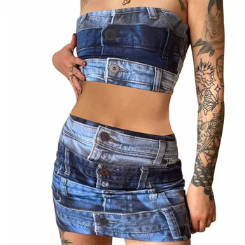 Жена комплект от 2 теми, фалшив джинсовое рокля с принтом с открити рамене, без ръкави, без презрамки, съкратен топ + мини пола 2 цвят S-L