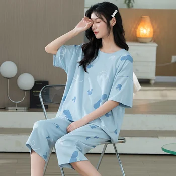 Жена пижамный комплект от чист памук, летни дамски пижами размера на плюс с къси ръкави, скай, синята пижама с шарките на Kawai, дамски дрехи за почивка, дамски дрехи за сън