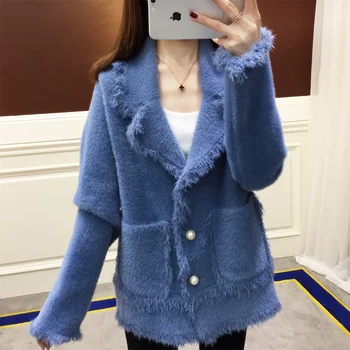 Жена пуловер 2020 г., Нов вязаный жилетка, имитация на норковой кожени палта, есента корейската свободна яке, меко женско ежедневното палто от изкуствена кожа AA5540