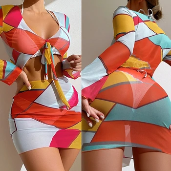 Жена сетчатое бикини от 2 теми, съкратен топ с дълъг ръкав и завязкой отпред, мини-облегающая пола, летен комплект с цветно геометрични принтом