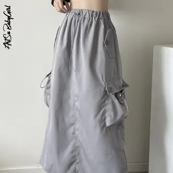 Женска пола с карго джобове, дълги поли с цепка, Y2k, градинска облекло 2000-те, эстетичные поли с завязками, пола трапецовидна форма, с висока талия