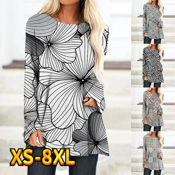Женска тениска с абстрактен геометричен модел във формата на цветя, активна градинска дрехи, hoody с дълъг ръкав и цветна принтом кръгъл отвор XS-8XL