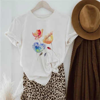 Женска тениска с хубаво шарките на Kawai, летен жена топ с флорални принтом, бяла тениска, дамска тениска с изображение, топ.