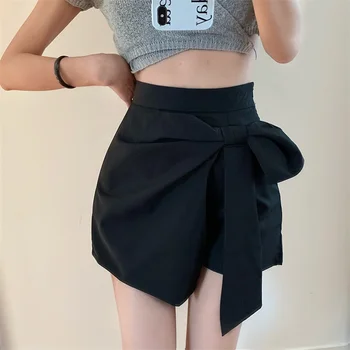 Женски мини-шорти с лък и панделка, нередовна панталони-кюлоты с прерязано и висока талия, стегнати обикновена черна юбочные шорти, сексуална корейската мода, ежедневни
