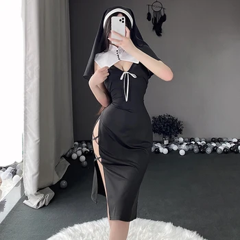 Женски секси монтиране костюм монахиня, униформи за cosplay, изкушение, черна Рокля с дълбоко V-образно деколте на бретелях и цепка отстрани, ролева игра, празнична парти