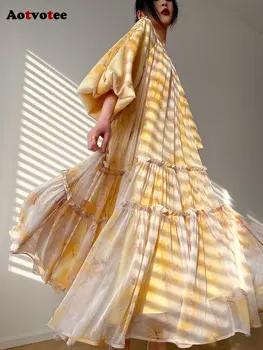 Женствена рокля Макси 2023, модерен ръкав-фенер с кръгло деколте, свободно Красива Елегантна рокля с дълъг ръкав от дантела Y2k, рокля с принтом