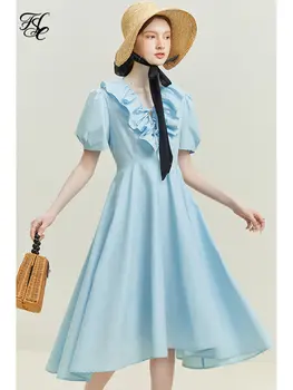Женствена рокля с V-образно деколте и висока Талия, с къдри, 2023, Лятна рокля на Новия дизайн на Sense За Жени, Синьо-Бяла рокля За Жените