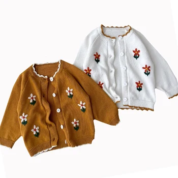 Жилетка за момичета от 0 до 3 години, зимна вязаный пуловер с бродерия, красиви ръчно плетени жилетки с цветя за малки момичета, модни възли върховете на малки момичета