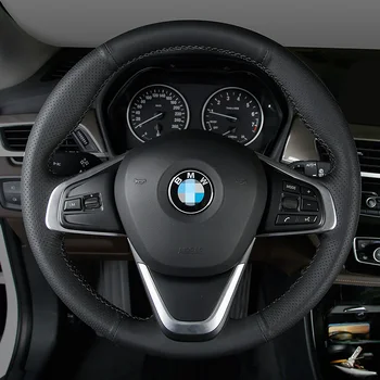 За BMW F45 F46 X1 F48 X2 F39, изработена ръчно черен противоскользящий калъф за волана на колата от висококачествена естествена кожа