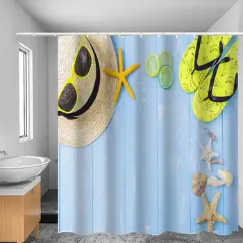Завеса за душ с плажни модел от полиестер 180 см, водоустойчив завеса за баня с куки за декорация на дома баня