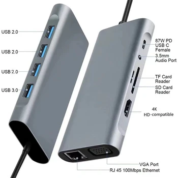 Зарядно устройство за разширяване на 11 в 1, съвместима с 4k, HDMI, докинг-станция, USB, C, скорост на трансфер на данни 5 Gbit/s, адаптер за четене на карти TF/SD за лаптоп