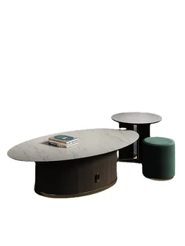 Каменна плоча, овална маса за кафе, Комбинирана всекидневна, луксозни малък апартамент, италиански стил, безшумен стил