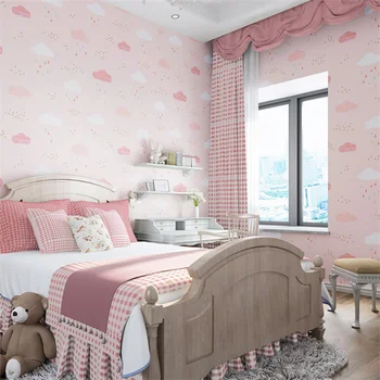Карикатура синьо небе, бели облаци нетъкан тапети за детска стая и спалня за момичета стая за момчета розови капки дъжд тапети papel de parede