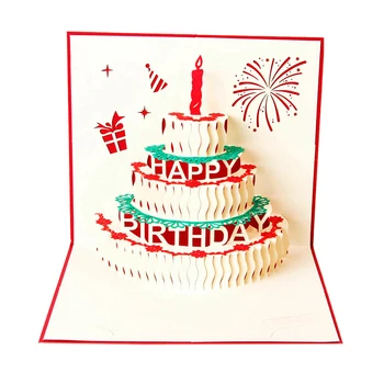 Картичка честит Рожден Ден, поздравителни картички и подаръци, хартия 3D ръчно изработени, поп ретро торта за лазерно рязане с червен плик