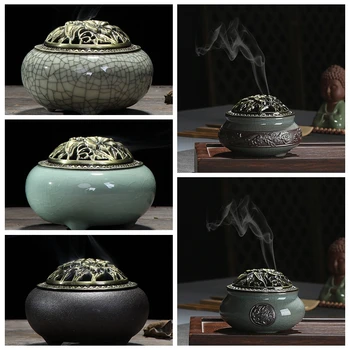 керамична основа за тамян на Буда от селадона, медни сплави, антични кадилница за тамян, ладан от сандалово дърво, малка