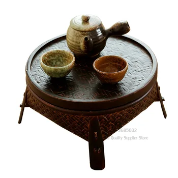 Китайски чай маса в тайландски стил ретро кунг-фу Супени комплекти включват бамбукови кошници с капаци за домашни кръгли кафе на маси 2 цвята