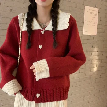Коледна червен пуловер, палто, дамски пролетно новост 2023, кратък сладък вязаный жилетка с кукла деколте, топ