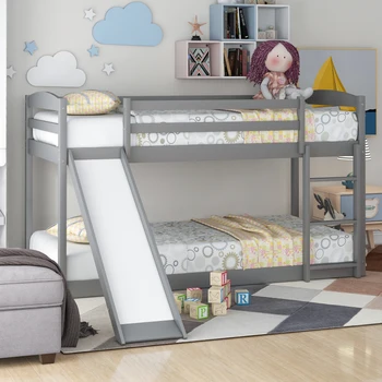 Компактен двуетажно легло Twin over Twin с разтегателен пързалка и стълбище, с вградена стремянкой, сив /бял цвят, лесно се монтира