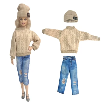 Комплект от 3 теми/ Висококачествена и дрехи ръчна изработка, пуловер памук + шапка + дънки, дрехи за аксесоари за Барби кукли, играчки за момичета 11,5 инча