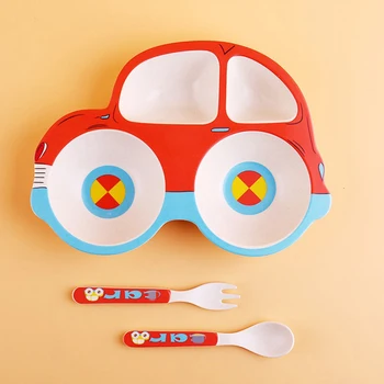 Комплект прибори за хранене под формата на мультяшного кола от бамбуково влакно, чиния, детски разделени посуда