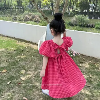 Корейската детски дрехи, рокля с ръкави-мехурчета, лятна вратовръзка-пеперуда на гърба за малко момиченце в западен стил, бебешка рокля на принцеса
