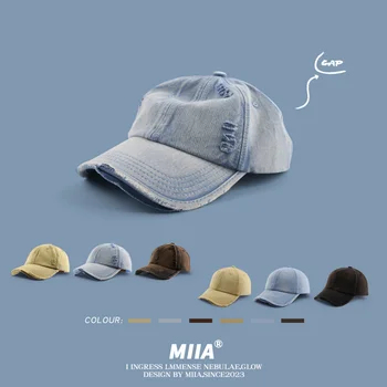 Корейски дизайн, ниша, бейзболни шапки от выстиранного деним, скъсани ретро шапки за жените, обикновен студентски слънчеви шапки за мъже