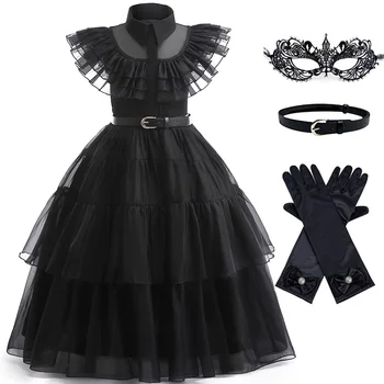 костюм Wednesday addams за момичета, ново черно карнавальное вечерна рокля за абитуриентски бал, рокли за ролеви игри, дантелено отворено принцеса рокля за момичета