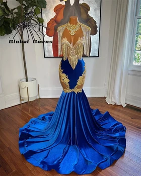 Кралско синьо дълга рокля с висока воротом за бала за черни момичета 2023, Апликации, Рокли за парти за рожден ден, Вечерни рокли с пискюли, Халат за баня Русалка De