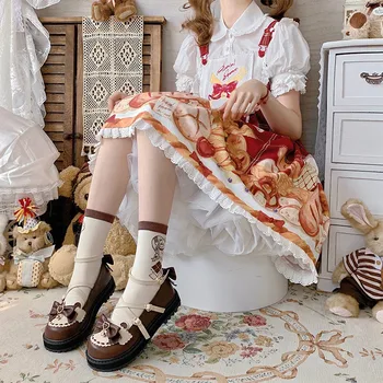 Красиви дамски обувки на равна подметка в стил Лолита за момичета, Мери Джейн, цветни обувки на принцесата с лък във формата на сърце и кръстосана шнур на щиколотке