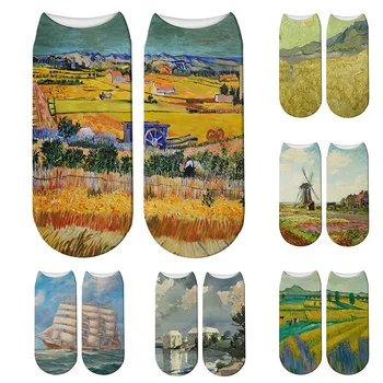 Къси чорапи с 3D-принтом масло за жените, символ на изкуството на Ван Гог, есен-лято, Унисекс, забавни чорапи Happy Crew за момичета, подарък