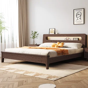 Легло от масив ясен, дървена двойно легло в скандинавски модерен стил, лесен начало спалня