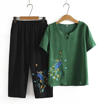 Летен комплект от памук и коноп за баба, модерен тънък топ с бродерия Павлина, къс ръкав + панталони, безплатни комплект от две части, комплекти дамско облекло