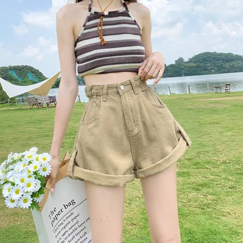 Летни дамски сладки къси панталони Harajuku Y2k за жени, корейски модни дънки с висока талия, тънки ультракороткие дънкови панталони, женски мрежа