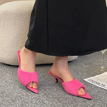 Летни дамски чехли с остри пръсти, новост 2023 г., дамски обувки на тънък ток, с рибено уста, модерни ежедневни чехли на висок ток