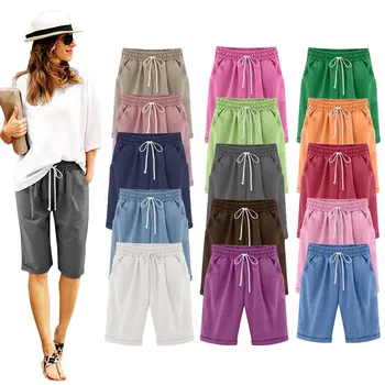 Летни къси панталони, дамски летни къси панталони-бермуди, голям размер 4XL, свободни ежедневни спортни еластични памучни дишащи блузи с директни штанинами