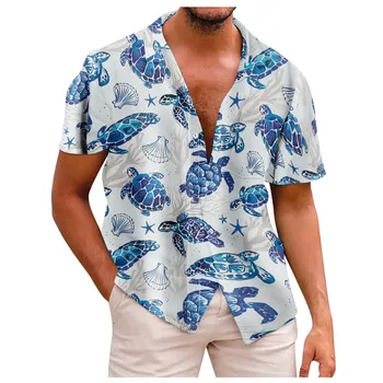 Летни празници на мъжки ризи с къс ръкав, модерни ежедневни ризи с шарени риби, мъжки плажни бързо съхнещи върхове, Camisa 2023